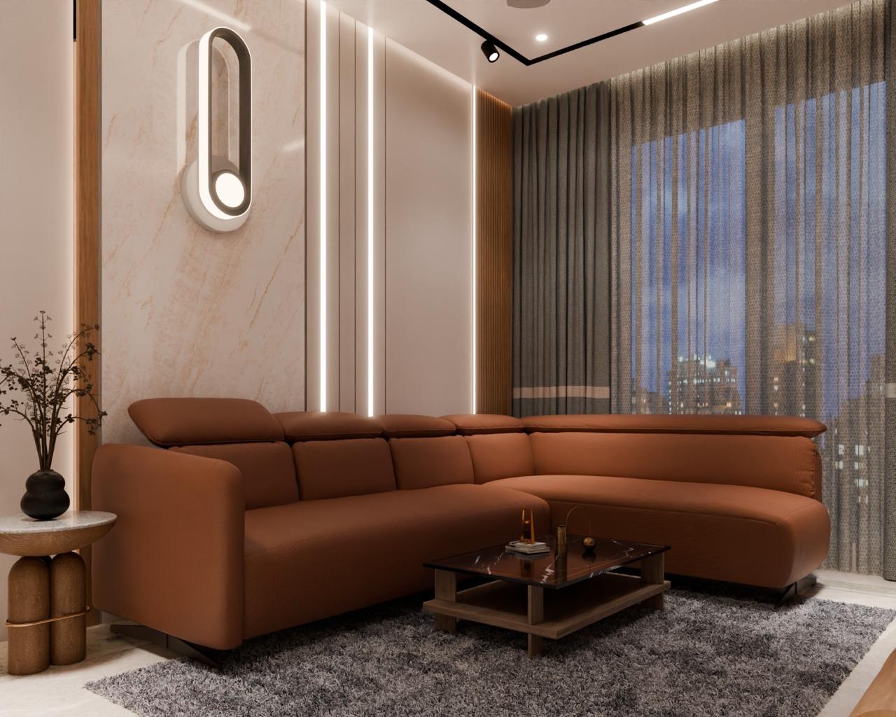 Marble accent wall with backlit wall light and linear cove lighting