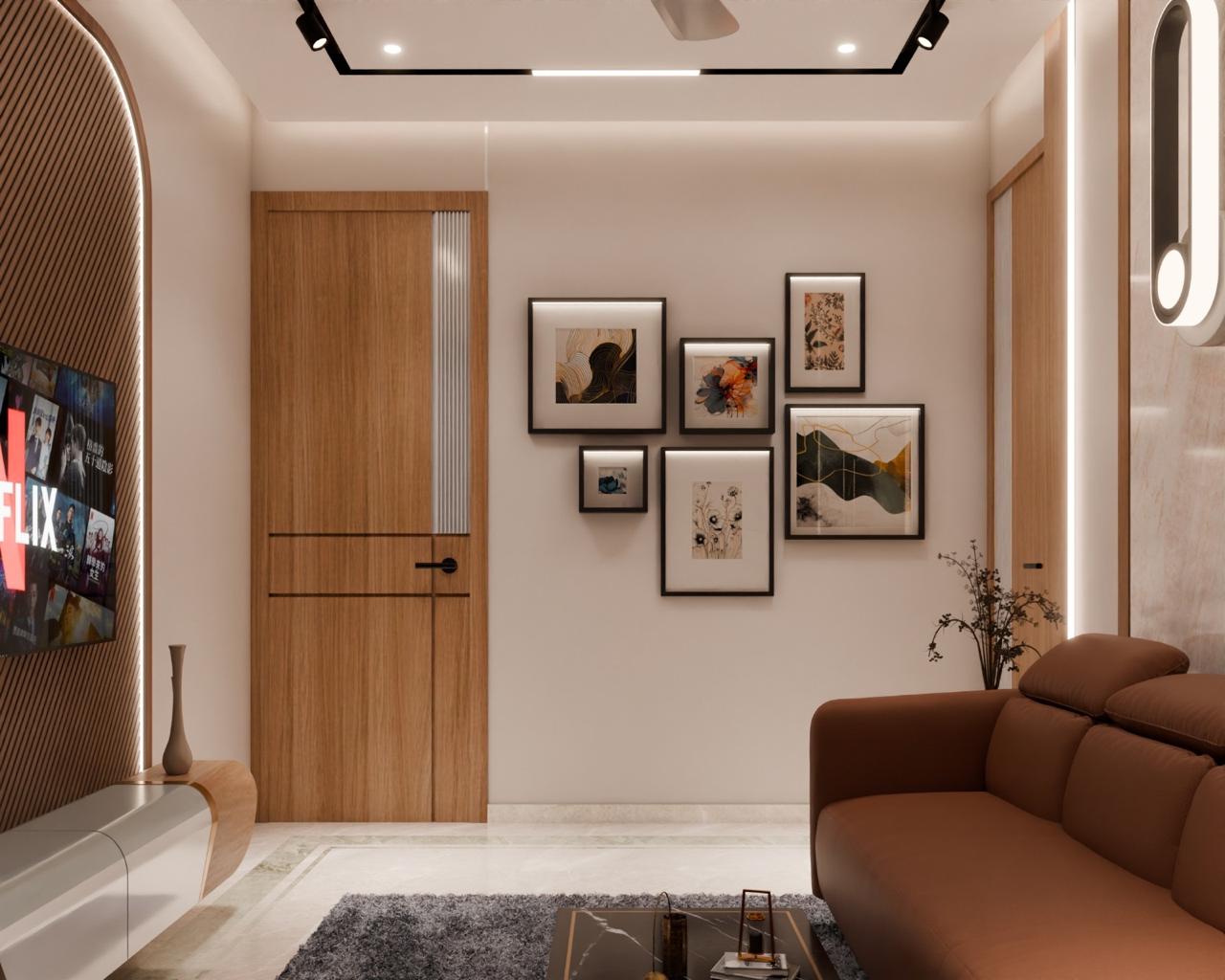 Living room with terracotta sectional sofa and wood-panelled TV feature wall